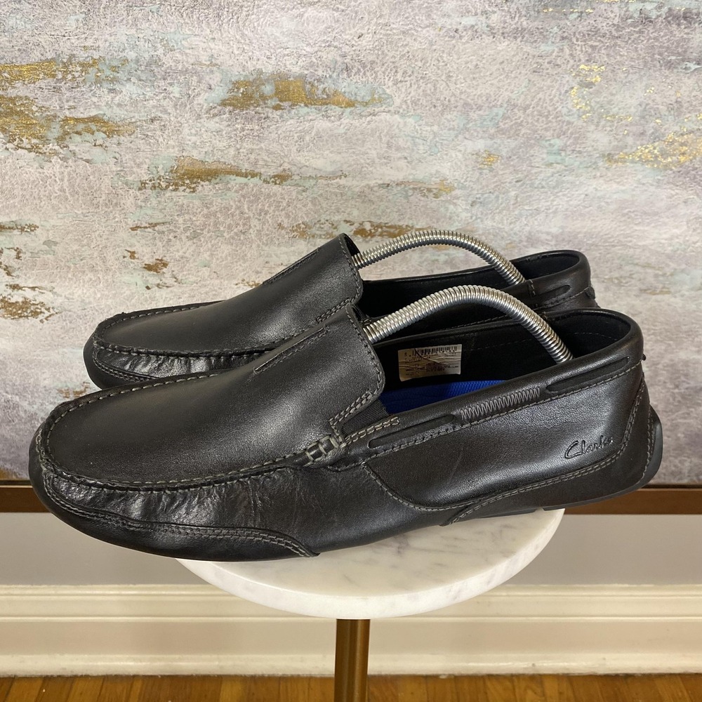 Clarks Collection Shoes Mens Size 11.5 Black Leather Slip On Moccasin Loafers